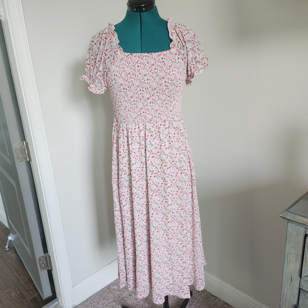 Siren Lily Womens Smocked Top Dress Pink Floral on White Cottagecore Sz Medium